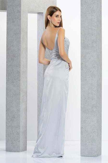 Shop_Eli Bitton_Silver Satin Crystals, Beads V-neck And Embroidered Gown _at_Aza_Fashions