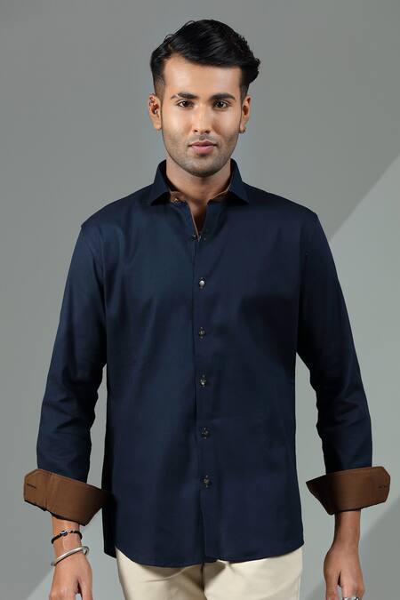 Albino_Blue Cotton Contrast Cuff Solid Shirt_Online_at_Aza_Fashions