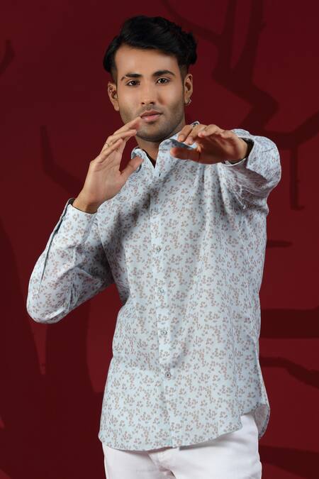 Albino_Blue Linen Geometric Pattern Shirt_Online_at_Aza_Fashions