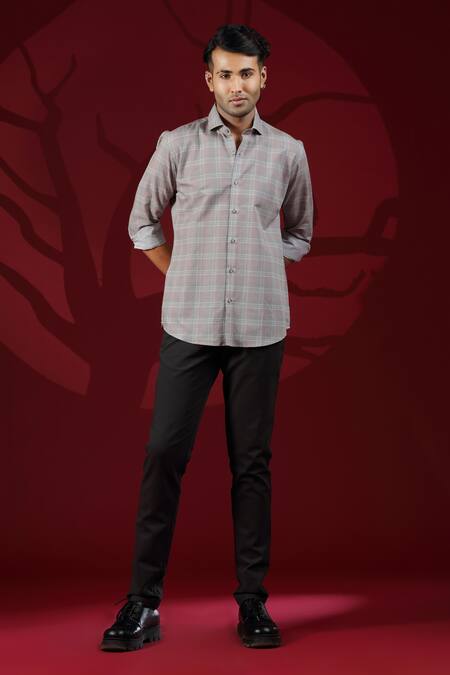 Albino_Grey Cotton Linen Checkered Shirt_Online_at_Aza_Fashions