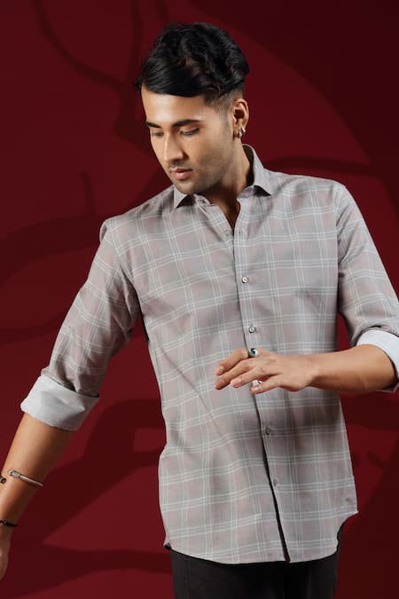 Buy_Albino_Grey Cotton Linen Checkered Shirt_Online_at_Aza_Fashions