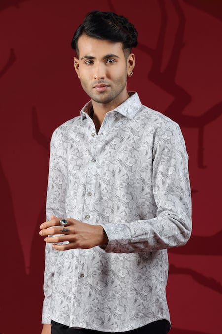 Buy_Albino_Grey Linen Floral Pattern Shirt_Online_at_Aza_Fashions