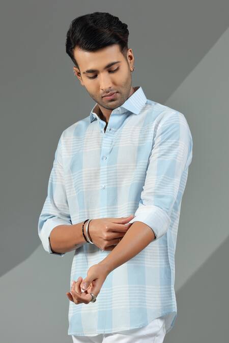 Albino_Blue Cotton Linen Checkered Pattern Shirt_Online_at_Aza_Fashions