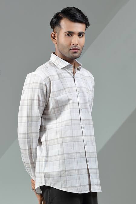 Buy_Albino_White Cotton Linen Checkered Pattern Shirt_Online_at_Aza_Fashions