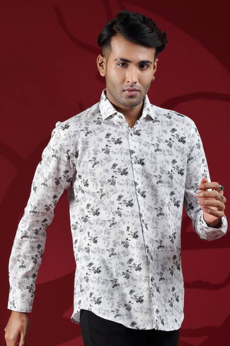 Albino_White Linen Floral Pattern Shirt_Online_at_Aza_Fashions