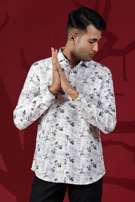 Buy_Albino_White Linen Floral Pattern Shirt_Online_at_Aza_Fashions