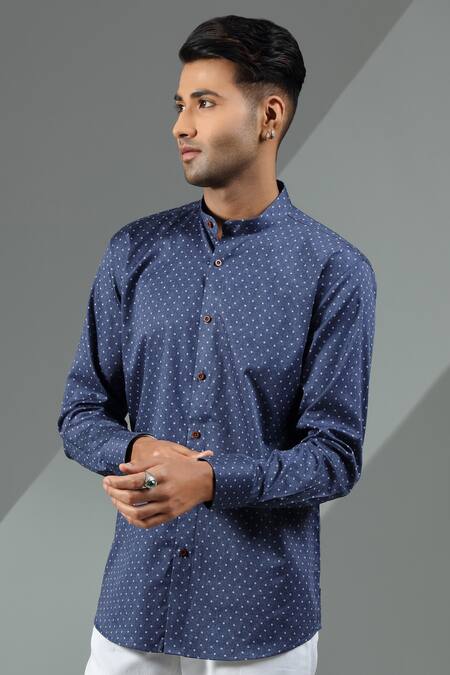 Buy_Albino_Blue Cotton Polka Dot Pattern Shirt_Online_at_Aza_Fashions