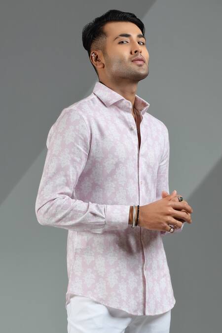 Albino_Pink Linen Floret Pattern Shirt_Online_at_Aza_Fashions