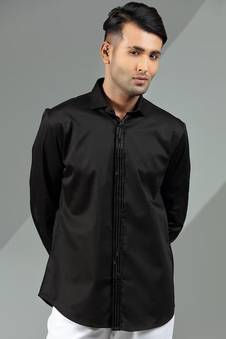 Albino_Black Cotton Embellished Placket Shirt_Online_at_Aza_Fashions