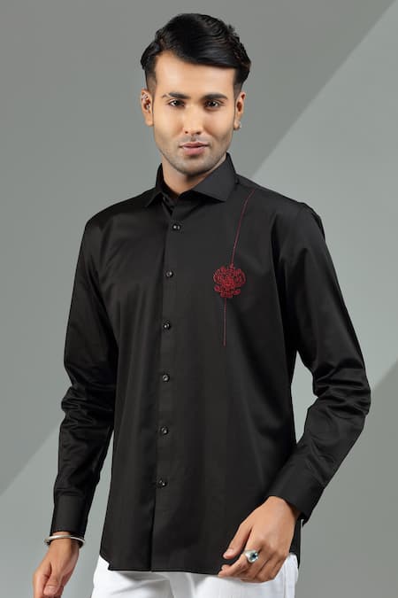 Albino_Black Cotton Cuff Sleeve Shirt_Online_at_Aza_Fashions