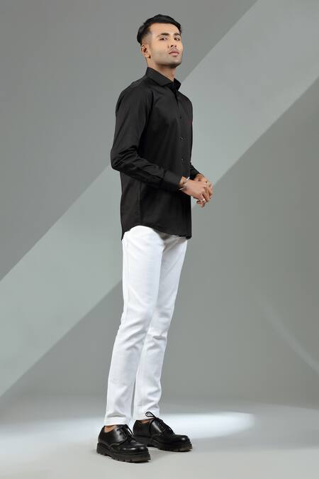 Buy_Albino_Black Cotton Cuff Sleeve Shirt_Online_at_Aza_Fashions