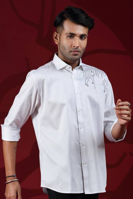 Albino_White Cotton Placement Embroidered Shirt_Online_at_Aza_Fashions