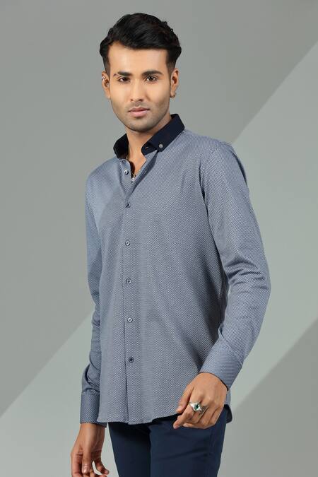Albino_Blue Knit Cotton Geometric Pattern Shirt_Online_at_Aza_Fashions