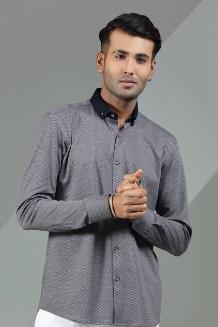 Albino_Grey Knit Cotton Shirt_Online_at_Aza_Fashions