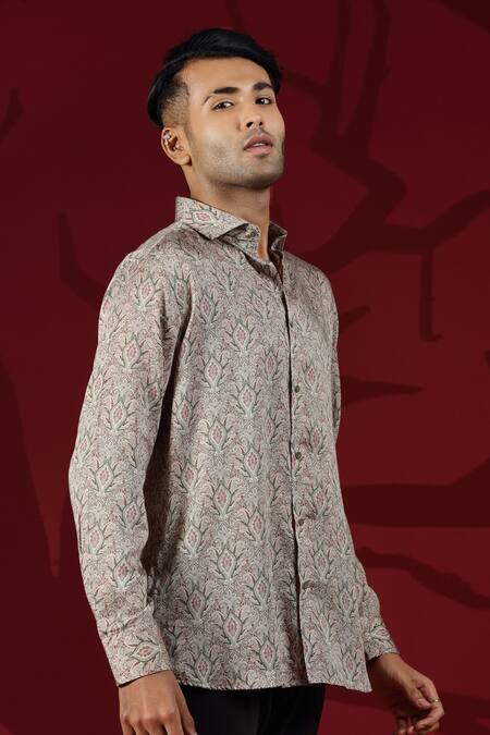 Albino_Brown Silk Floral Pattern Shirt_Online_at_Aza_Fashions