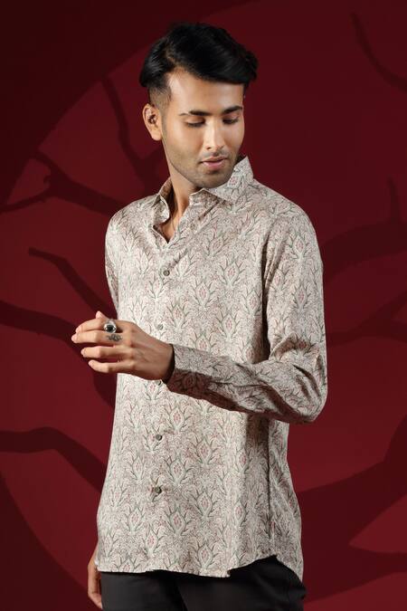 Buy_Albino_Brown Silk Floral Pattern Shirt_Online_at_Aza_Fashions