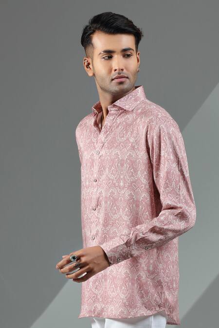Buy_Albino_Pink Silk Mughal Pattern Shirt_Online_at_Aza_Fashions