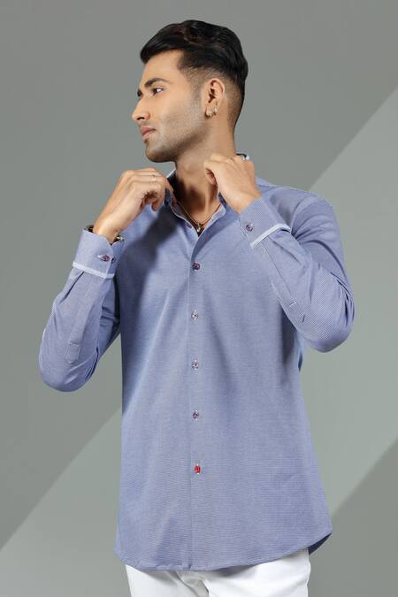 Albino_Blue Blended Cotton Cuff Sleeve Shirt_Online_at_Aza_Fashions