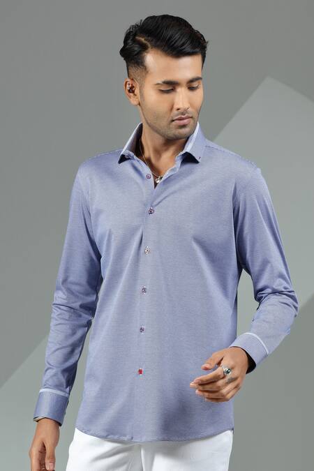 Buy_Albino_Blue Blended Cotton Cuff Sleeve Shirt_Online_at_Aza_Fashions