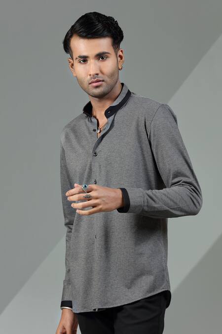 Albino_Black Blended Cotton Contrast Cuff Solid Shirt_Online_at_Aza_Fashions