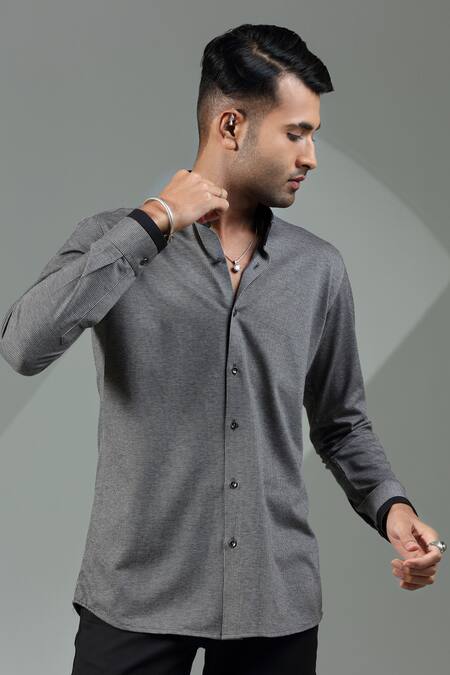 Buy_Albino_Black Blended Cotton Contrast Cuff Solid Shirt_Online_at_Aza_Fashions