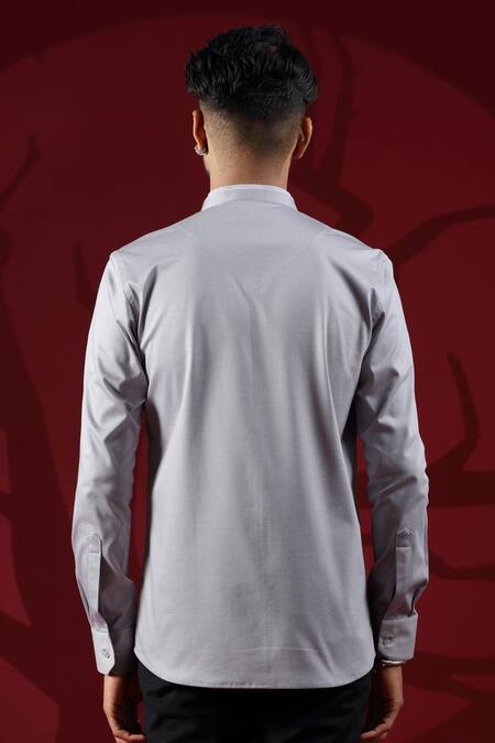 Shop_Albino_Grey Blended Cotton Double Collared Shirt_at_Aza_Fashions