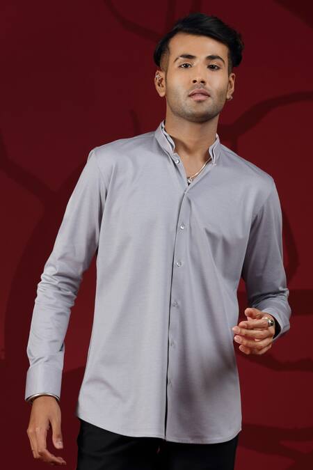 Albino_Grey Blended Cotton Double Collared Shirt_Online_at_Aza_Fashions