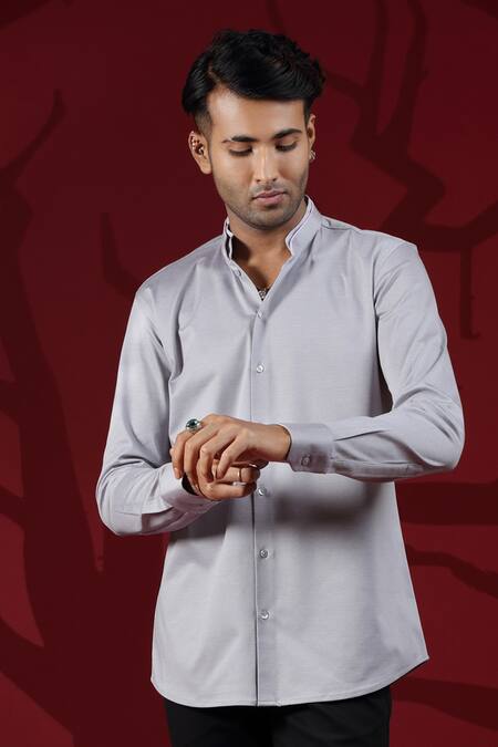 Buy_Albino_Grey Blended Cotton Double Collared Shirt_Online_at_Aza_Fashions