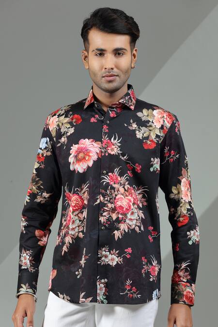 Albino_Black Cotton Floret Pattern Shirt_Online_at_Aza_Fashions