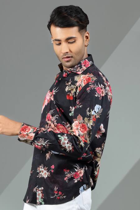 Buy_Albino_Black Cotton Floret Pattern Shirt_Online_at_Aza_Fashions