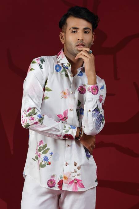 Albino_White Cotton Flora Pattern Shirt_Online_at_Aza_Fashions