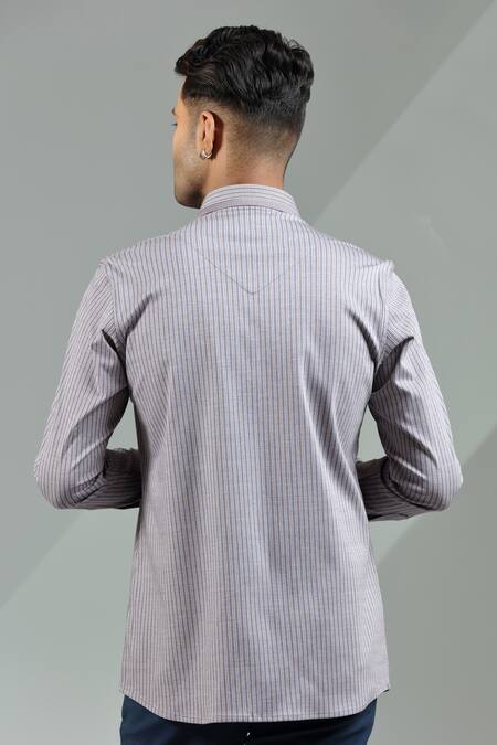 Shop_Albino_Grey Knit Cotton Striped Shirt_at_Aza_Fashions