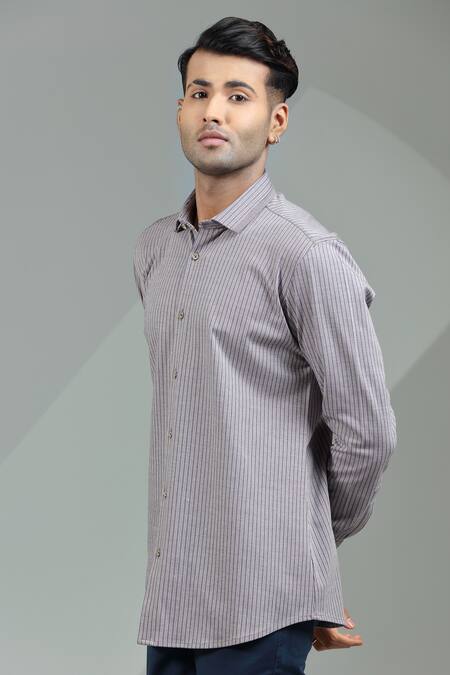 Albino_Grey Knit Cotton Striped Shirt_Online_at_Aza_Fashions