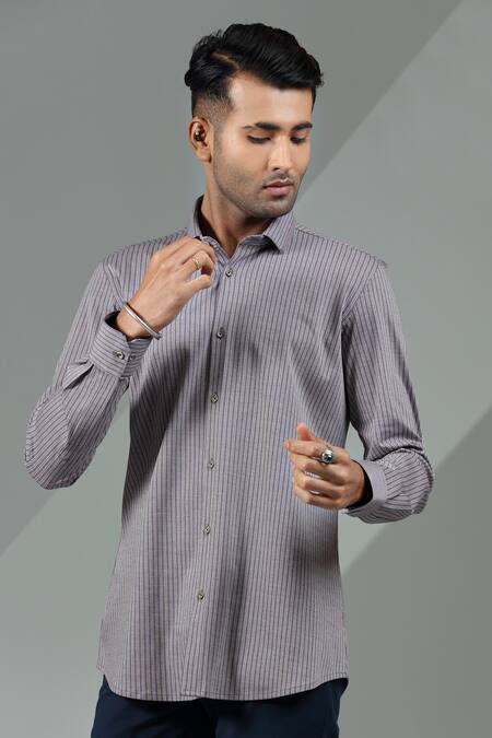 Buy_Albino_Grey Knit Cotton Striped Shirt_Online_at_Aza_Fashions