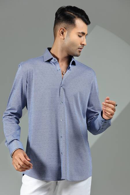 Albino_Blue Blended Cotton Polka Dot Shirt_Online_at_Aza_Fashions