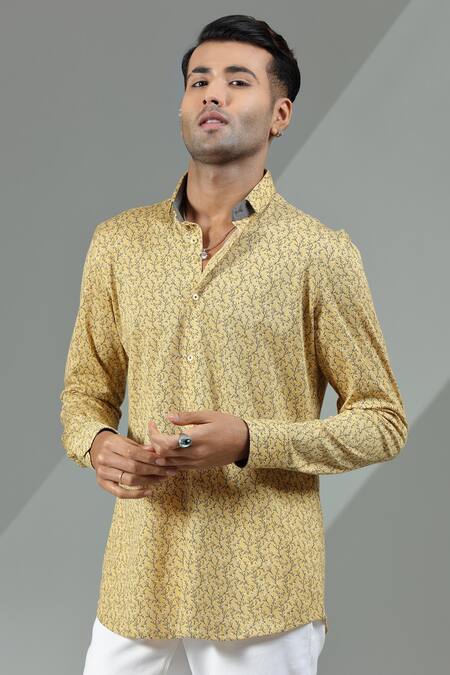 Albino_Yellow Blended Cotton Floret Pattern Shirt_Online_at_Aza_Fashions