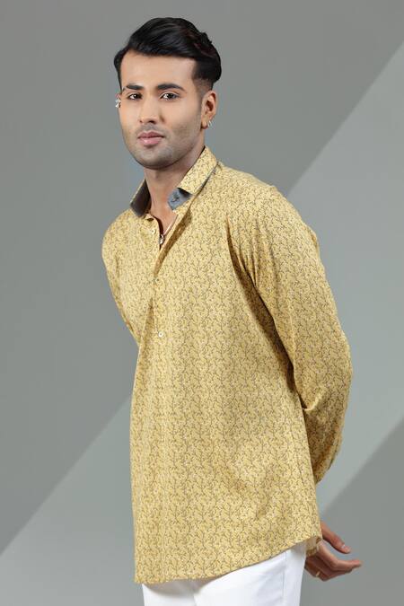 Buy_Albino_Yellow Blended Cotton Floret Pattern Shirt_Online_at_Aza_Fashions