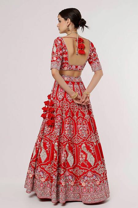 Shop Sanjana Thakur Red Silk, Organza, Viscose Pearls, Zardozi And Resham Bridal Lehenga Set Online at Aza Fashions Shop_Sanjana Thakur_Red Silk, Organza, Viscose Pearls, Zardozi And Resham Bridal Lehenga Set _Online_at_Aza_Fashions