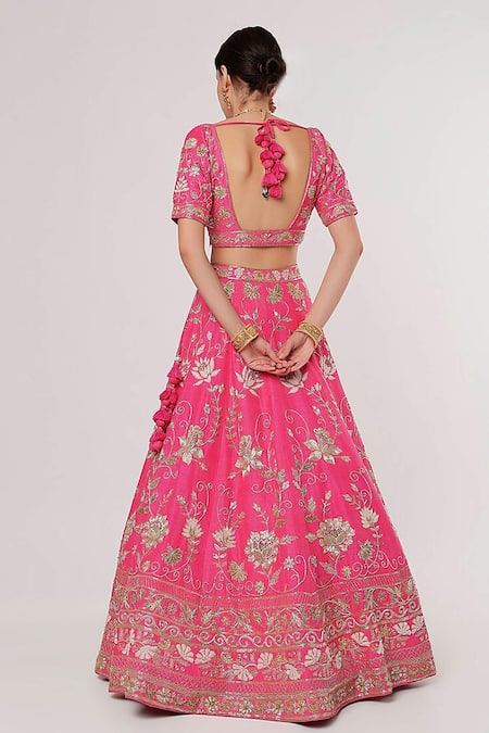 Sanjana Thakur Pink Pure Raw Silk Hand Embroidered Thread V Neck And Zari Bridal Lehenga Set Online at Aza Fashions Sanjana Thakur_Pink Pure Raw Silk Hand Embroidered Thread V Neck And Zari Bridal Lehenga Set _Online_at_Aza_Fashions