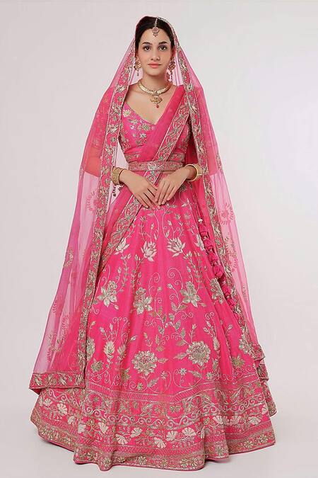 Buy Sanjana Thakur Pink Pure Raw Silk Hand Embroidered Thread V Neck And Zari Bridal Lehenga Set Online at Aza Fashions Buy_Sanjana Thakur_Pink Pure Raw Silk Hand Embroidered Thread V Neck And Zari Bridal Lehenga Set _Online_at_Aza_Fashions