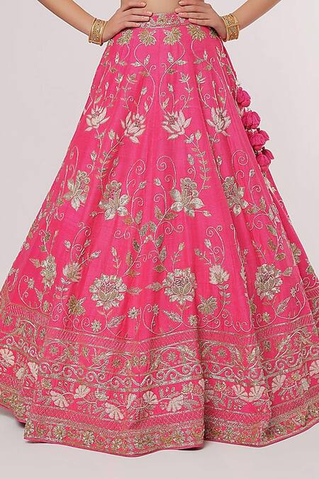 Shop Sanjana Thakur Pink Pure Raw Silk Hand Embroidered Thread V Neck And Zari Bridal Lehenga Set Online at Aza Fashions Shop_Sanjana Thakur_Pink Pure Raw Silk Hand Embroidered Thread V Neck And Zari Bridal Lehenga Set _Online_at_Aza_Fashions