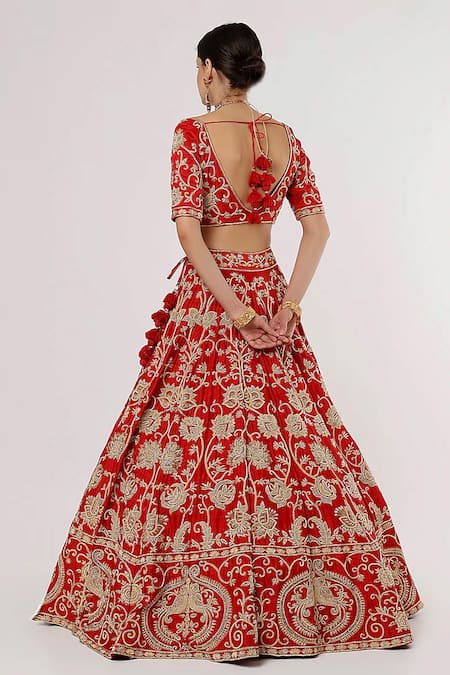 Shop Sanjana Thakur Red Silk, Nylon Embroidery Asymmetric Zardozi And Zari Bridal Lehenga Set at Aza Fashions Shop_Sanjana Thakur_Red Silk, Nylon Embroidery Asymmetric Zardozi And Zari Bridal Lehenga Set _at_Aza_Fashions