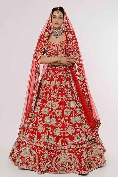 Sanjana Thakur Red Silk, Nylon Embroidery Asymmetric Zardozi And Zari Bridal Lehenga Set Online at Aza Fashions Sanjana Thakur_Red Silk, Nylon Embroidery Asymmetric Zardozi And Zari Bridal Lehenga Set _Online_at_Aza_Fashions