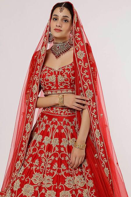 Shop Sanjana Thakur Red Silk, Nylon Embroidery Asymmetric Zardozi And Zari Bridal Lehenga Set Online at Aza Fashions Shop_Sanjana Thakur_Red Silk, Nylon Embroidery Asymmetric Zardozi And Zari Bridal Lehenga Set _Online_at_Aza_Fashions