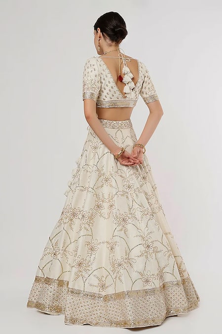 Sanjana Thakur Ivory Pure Raw Silk Hand Embroidered Aari Plunge V Neck And Bridal Lehenga Set Online at Aza Fashions Sanjana Thakur_Ivory Pure Raw Silk Hand Embroidered Aari Plunge V Neck And Bridal Lehenga Set _Online_at_Aza_Fashions