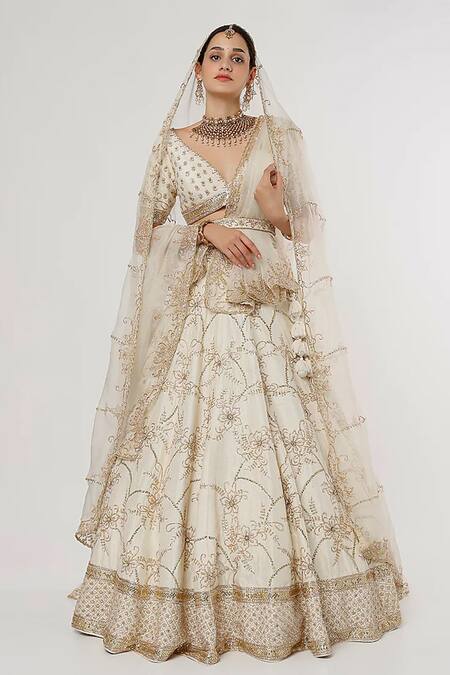Buy Sanjana Thakur Ivory Pure Raw Silk Hand Embroidered Aari Plunge V Neck And Bridal Lehenga Set Online at Aza Fashions Buy_Sanjana Thakur_Ivory Pure Raw Silk Hand Embroidered Aari Plunge V Neck And Bridal Lehenga Set _Online_at_Aza_Fashions