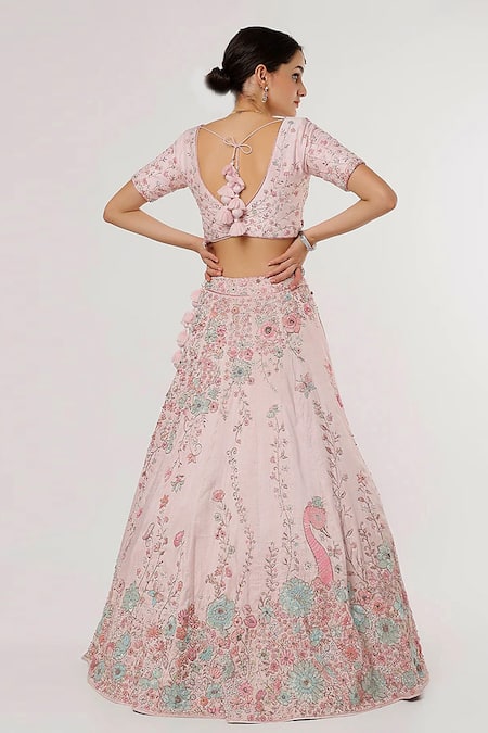 Sanjana Thakur_Pink Silk, Nylon Pearls, Zari V-neck And Resham Embroidered Bridal Lehenga Set _Online_at_Aza_Fashions