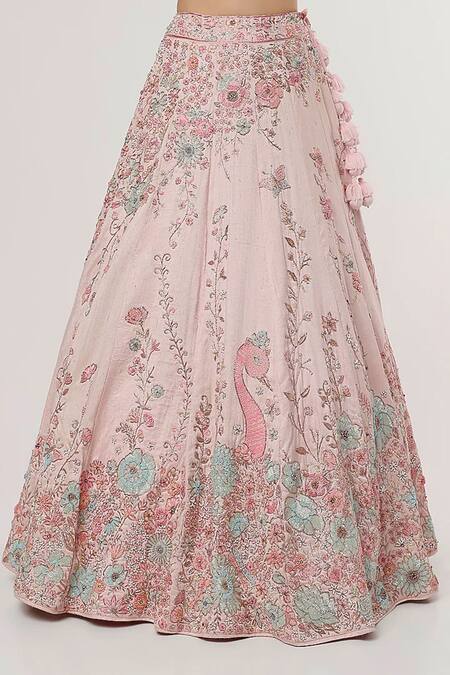 Buy_Sanjana Thakur_Pink Silk, Nylon Pearls, Zari V-neck And Resham Embroidered Bridal Lehenga Set 