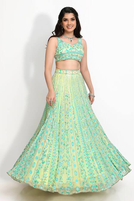 Buy_Sanjana Thakur_Green Nylon, Viscose Pearls, Cut Work, Embroidery Resham And Lehenga Set _Online_at_Aza_Fashions
