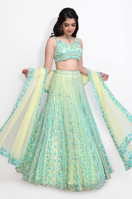 Shop_Sanjana Thakur_Green Nylon, Viscose Pearls, Cut Work, Embroidery Resham And Lehenga Set _Online_at_Aza_Fashions